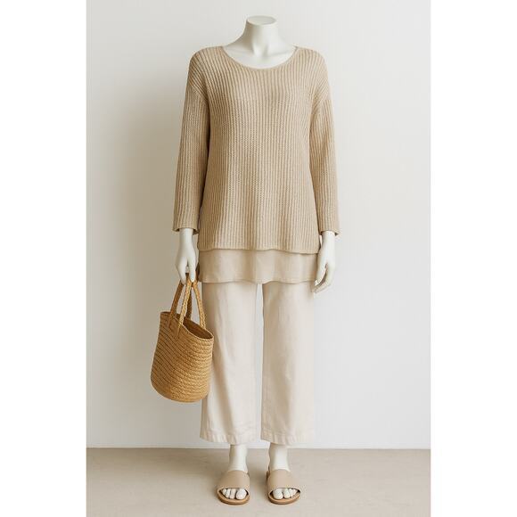 Eileen Fisher Organic Linen Open Knit Tunic Size Large Beige Lagenlook Coastal - Picture 1 of 12